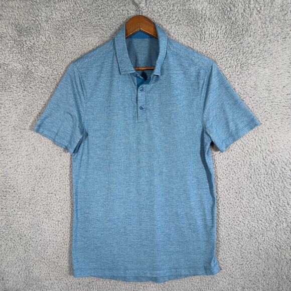 Lululemon Polo Shirt Mens Medium Blue Short Sleeve Performance Yoga - Picture 1 of 7